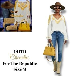 🌼 For The Republic Top Embroidered Sheer Peasant Blouse NWOT Size Medium 🌼